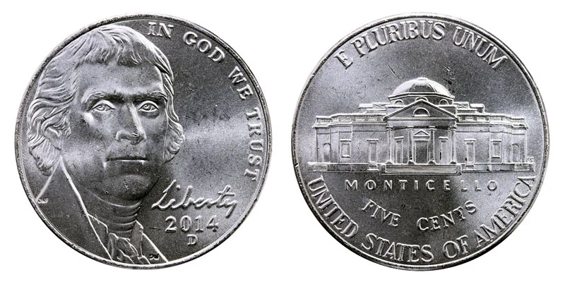2014 Jefferson nickel obverse and reverse showing P mint mark and Monticello