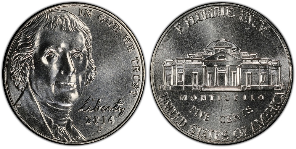 Side-by-side comparison of a normal 2014 nickel reverse versus a Full Steps example showing complete Monticello staircase