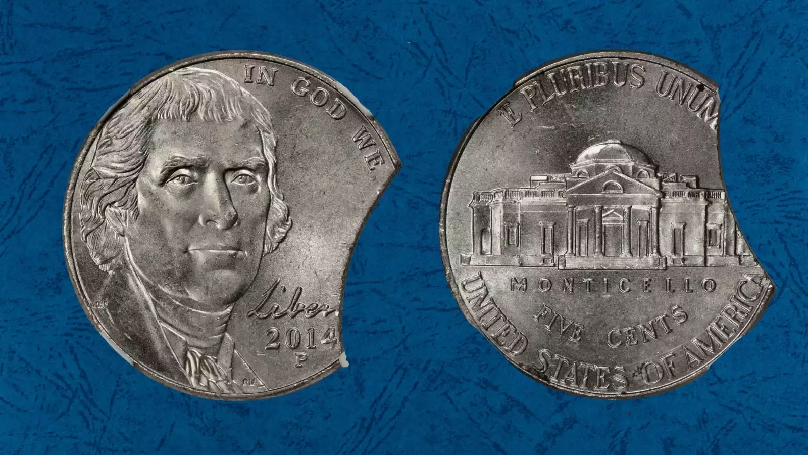 2014-D Jefferson nickel clipped planchet error showing missing curved edge section
