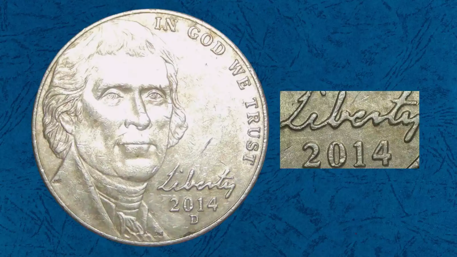 2014 nickel Doubled Die Reverse error showing doubling on MONTICELLO inscription