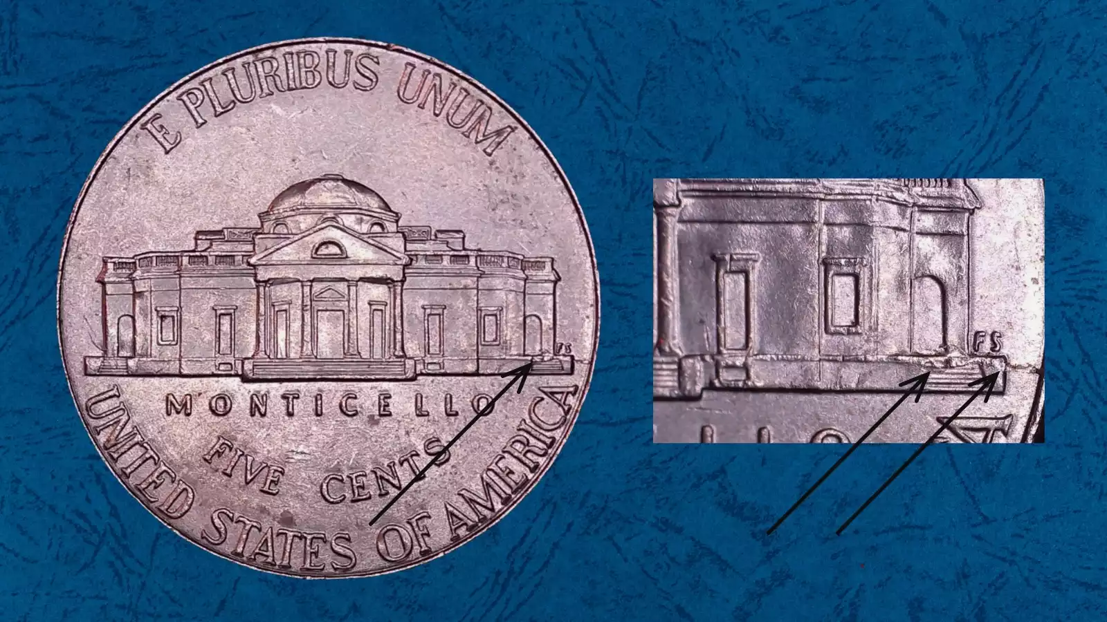 2014 Jefferson nickel die crack error showing raised metal line across the coin surface