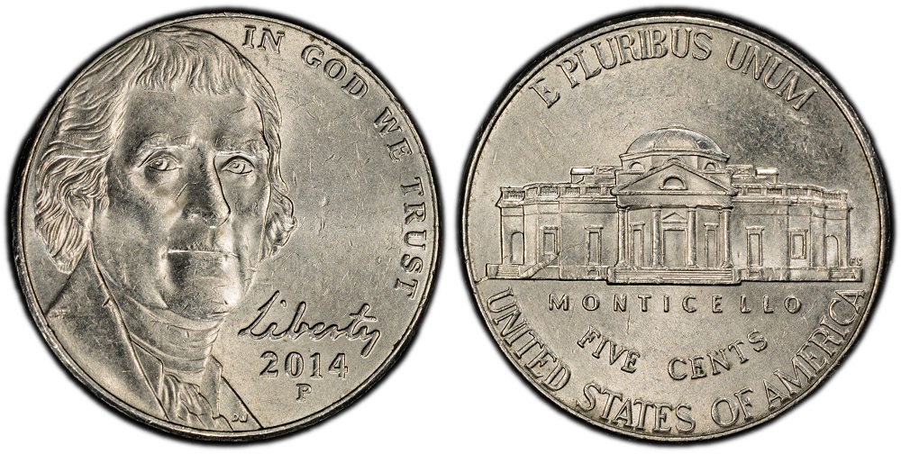 2014 Jefferson nickel grading strip showing four condition levels from worn to gem mint state
